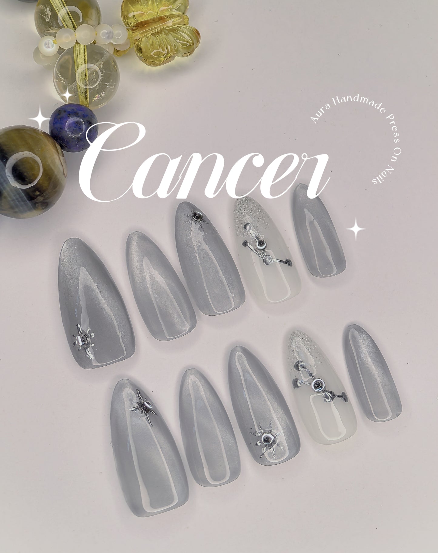 Customised Cancer Zodiac Handmade Press-On Nails | Kawaii Nails | Pretty Nails | Premium Nails | Salon Quality Nails
