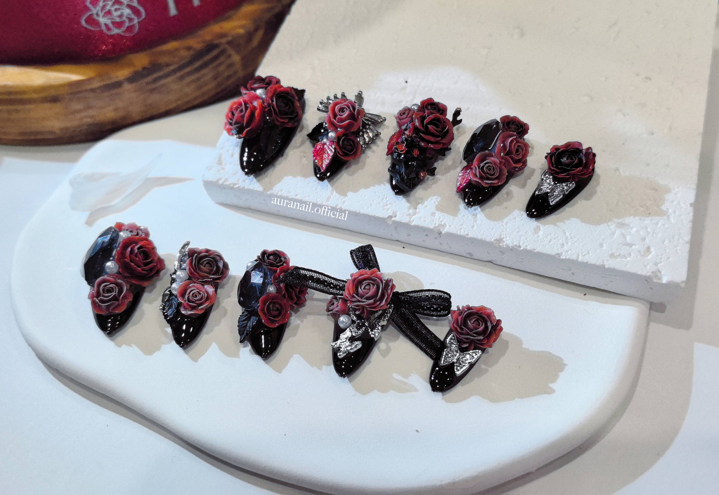 Rose Gilded Romance Handmade Press On Nails | Free Butterfly Open Ring Gift Set!