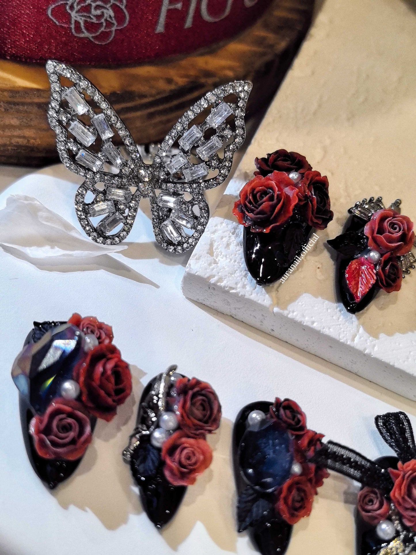 Rose Gilded Romance Handmade Press On Nails | Free Butterfly Open Ring Gift Set!