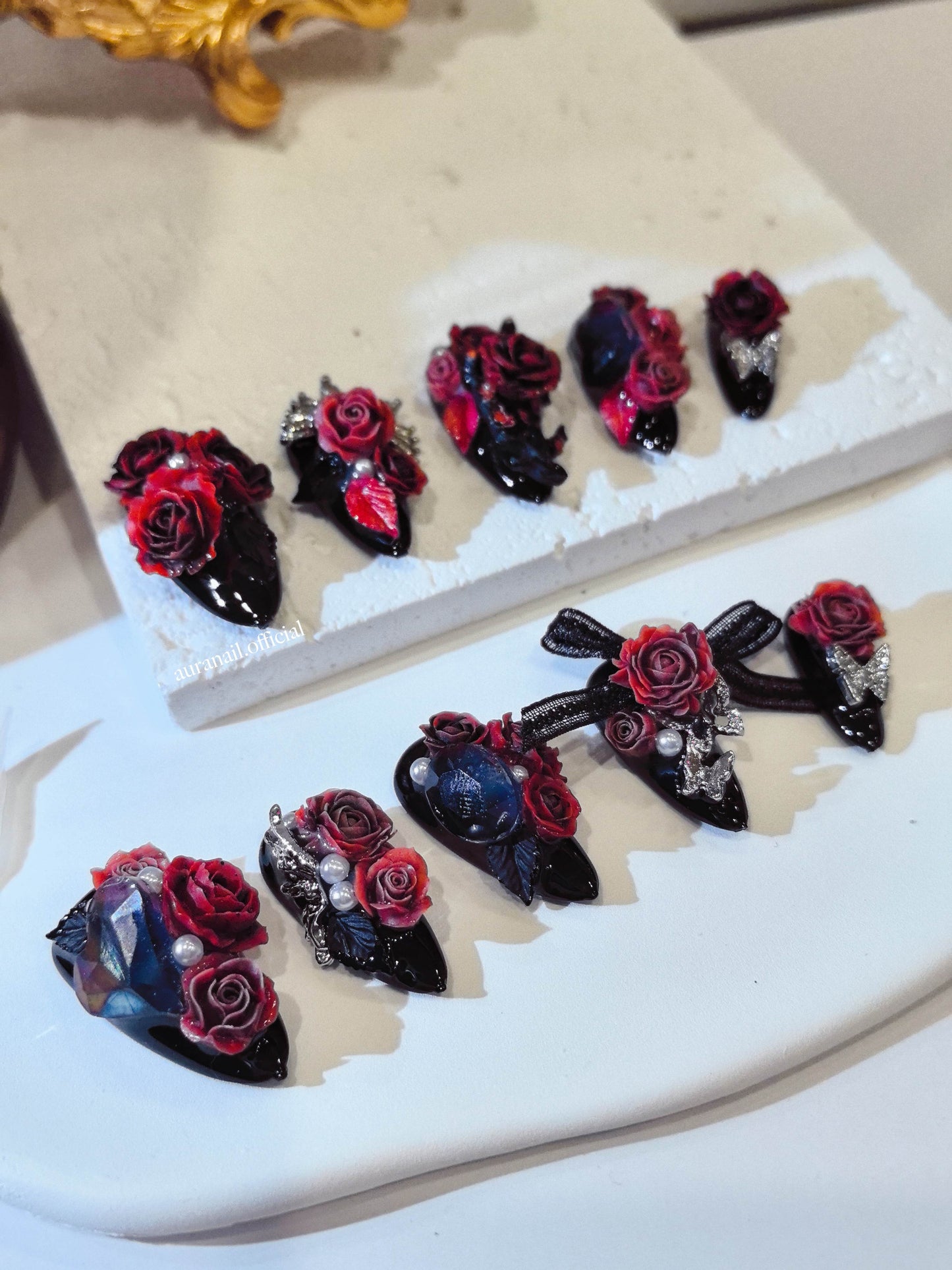 Rose Gilded Romance Handmade Press On Nails | Free Butterfly Open Ring Gift Set!