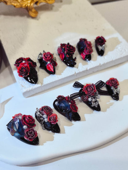 Rose Gilded Romance Handmade Press On Nails | Free Butterfly Open Ring Gift Set!