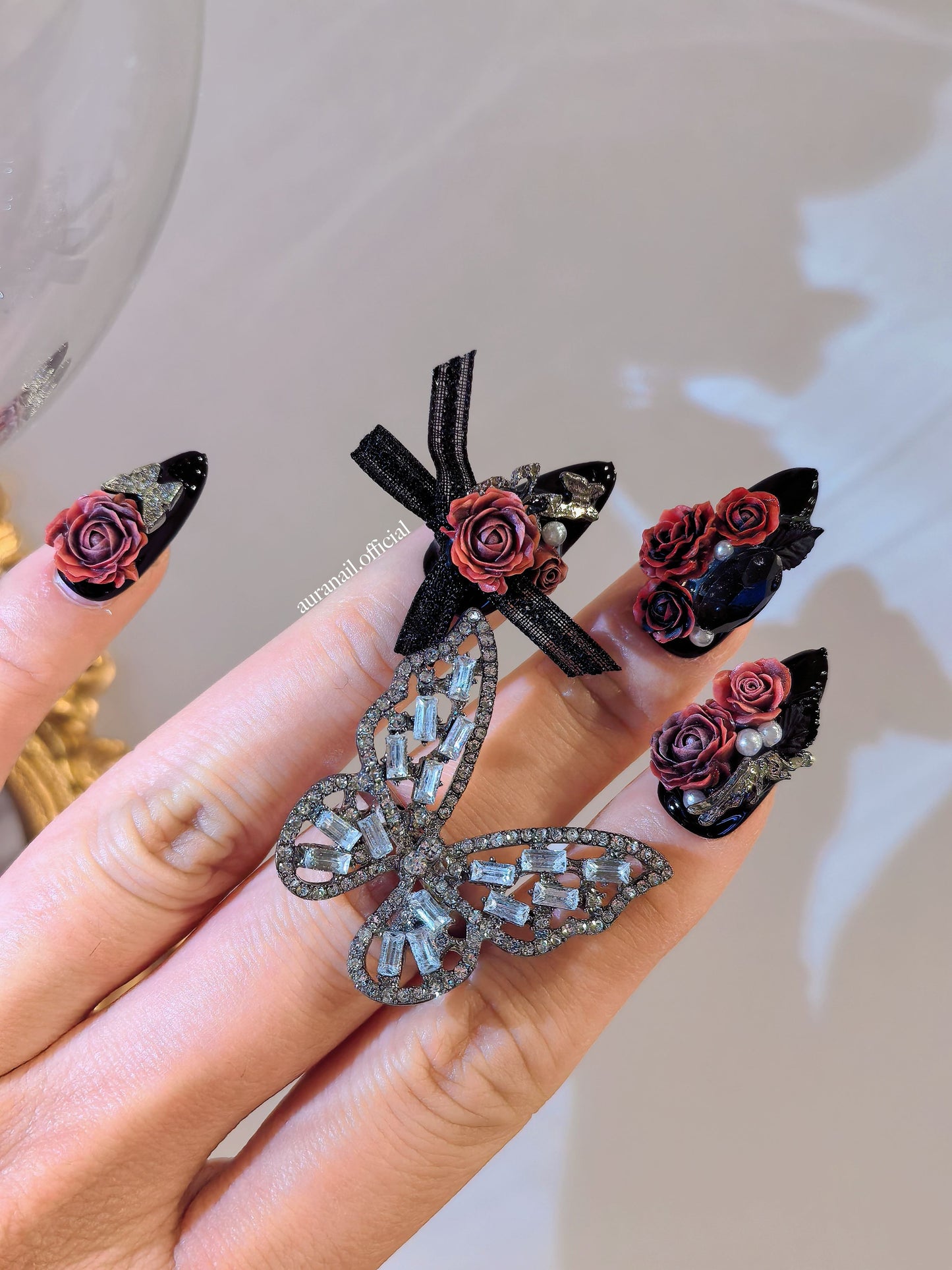 Rose Gilded Romance Handmade Press On Nails | Free Butterfly Open Ring Gift Set!
