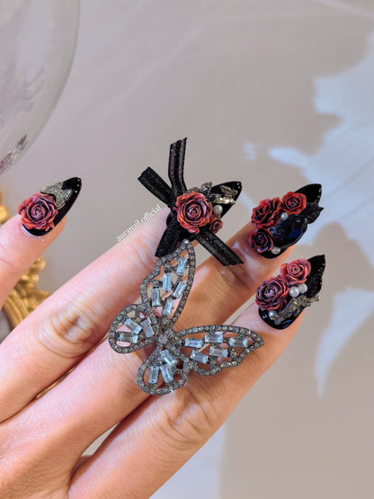 Rose Gilded Romance Handmade Press On Nails | Free Butterfly Open Ring Gift Set!