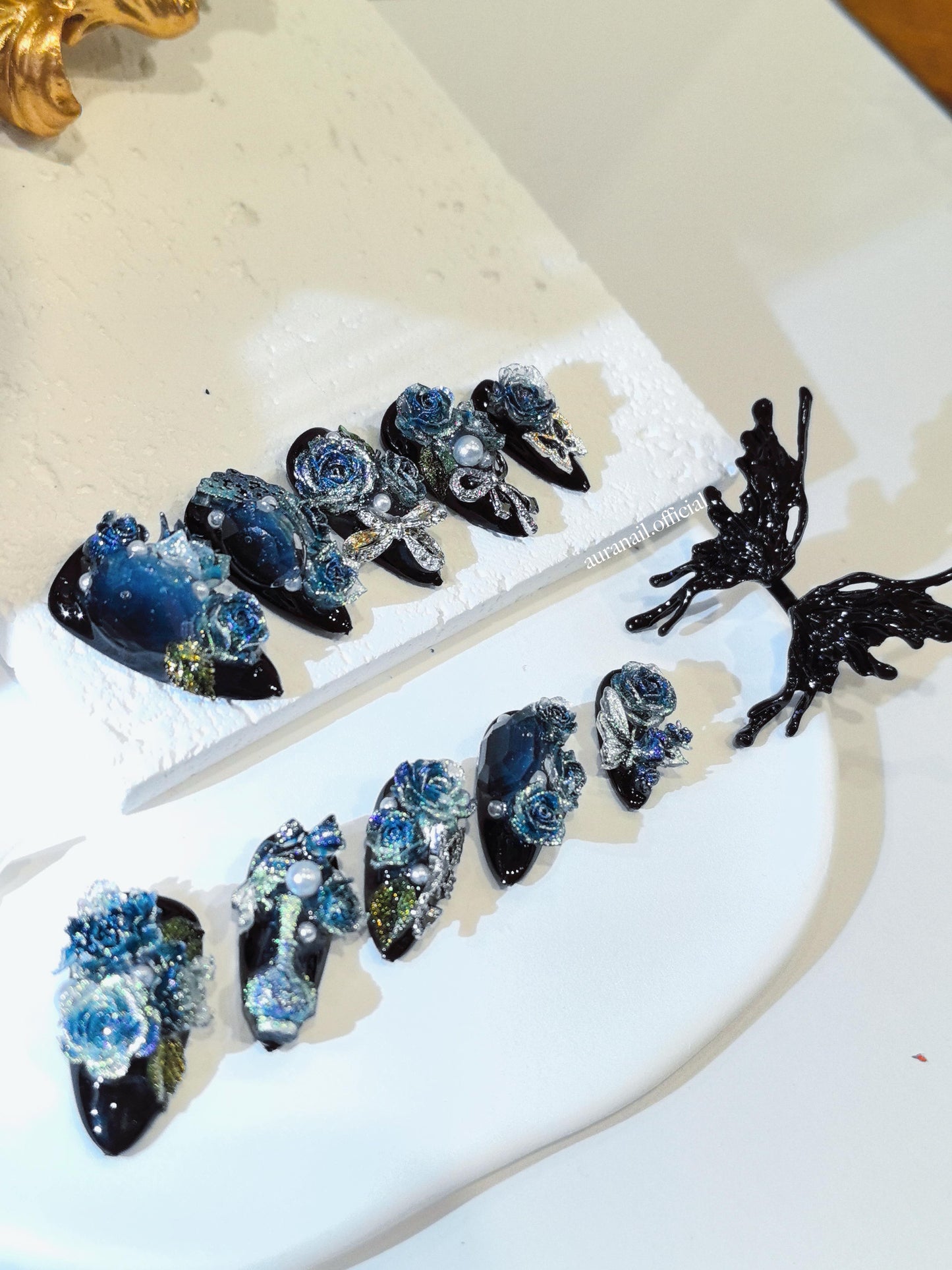 Rose Gilded Romance Handmade Press On Nails | Free Butterfly Open Ring Gift Set!