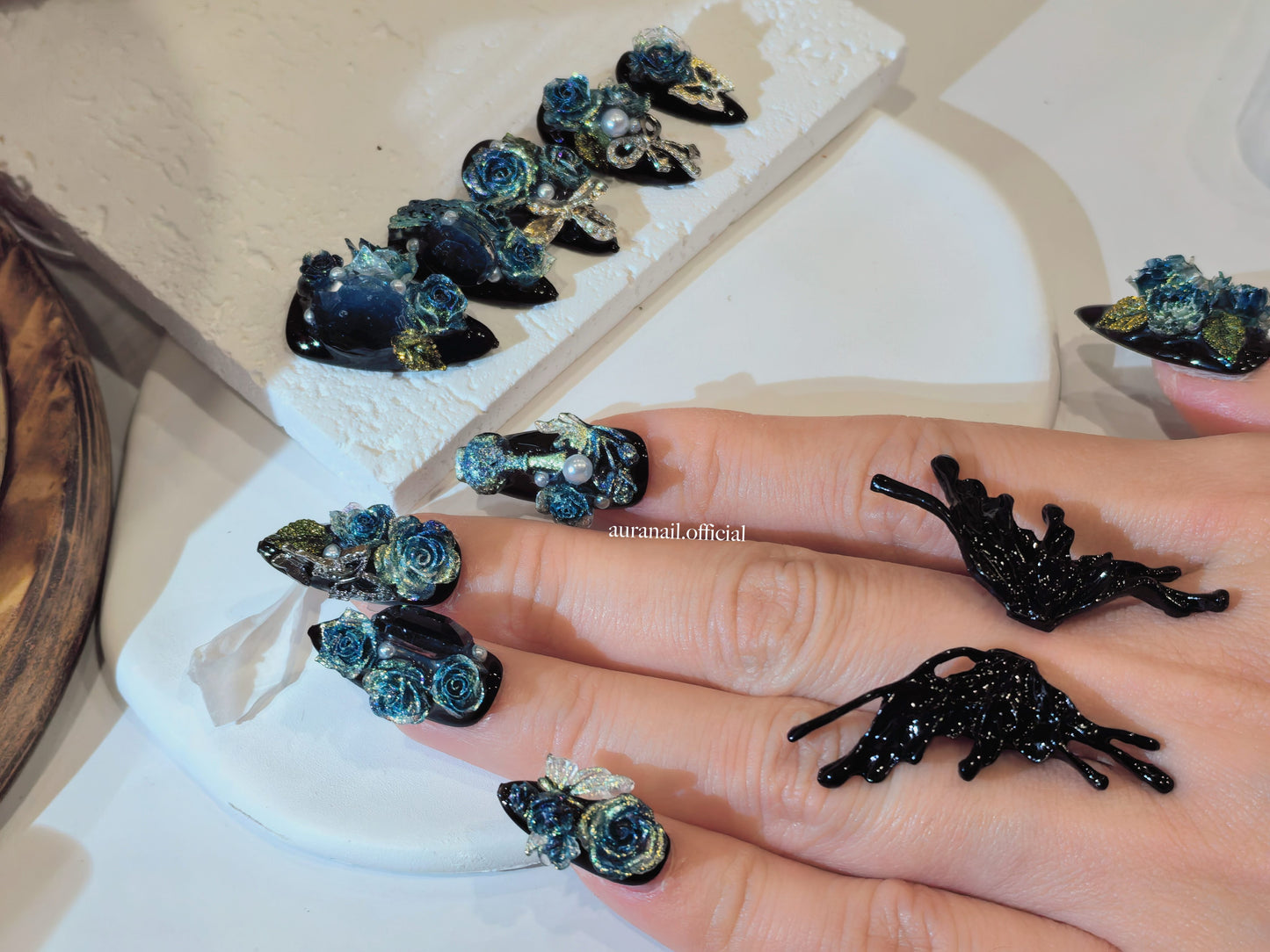 Rose Gilded Romance Handmade Press On Nails | Free Butterfly Open Ring Gift Set!