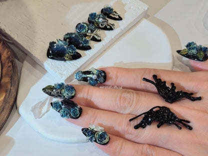 Rose Gilded Romance Handmade Press On Nails | Free Butterfly Open Ring Gift Set!