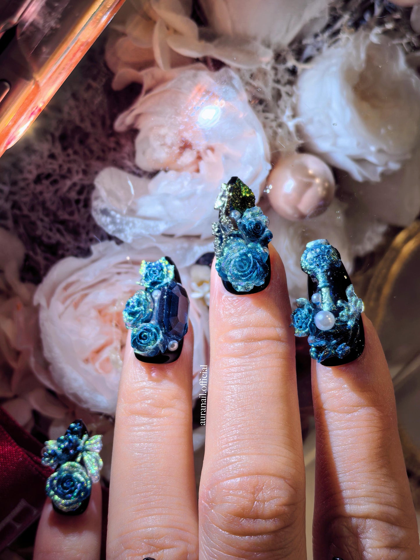 Rose Gilded Romance Handmade Press On Nails | Free Butterfly Open Ring Gift Set!