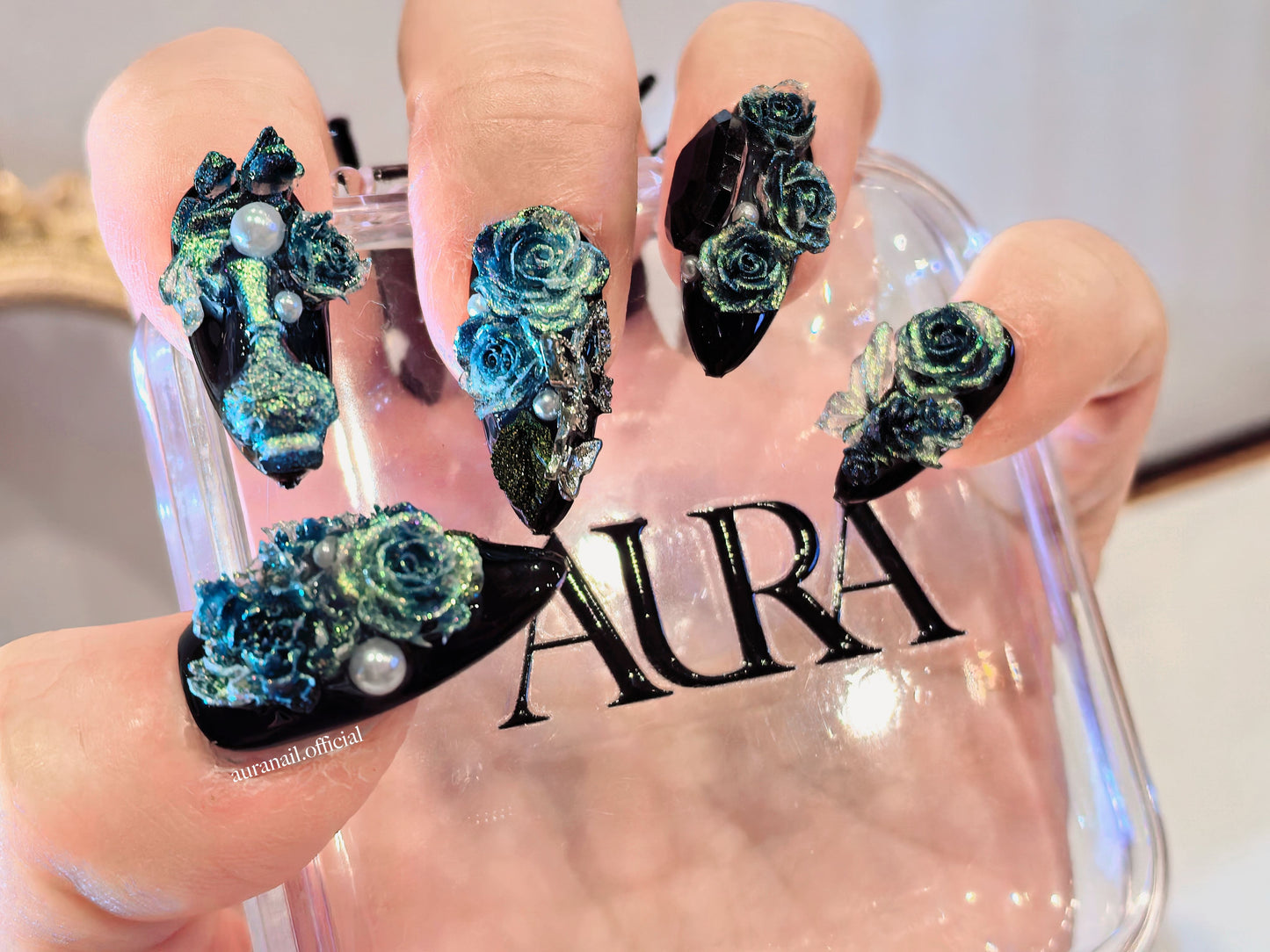 Rose Gilded Romance Handmade Press On Nails | Free Butterfly Open Ring Gift Set!