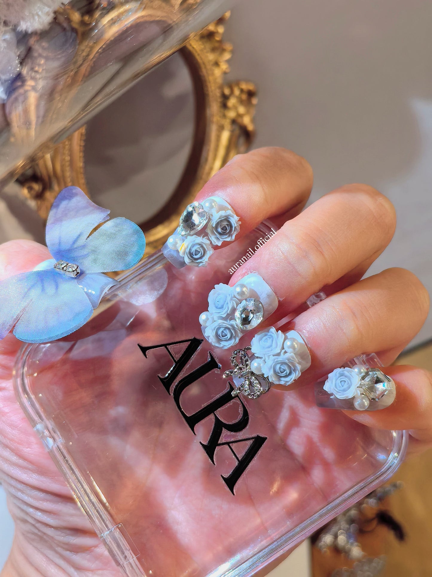 Rose Gilded Romance Handmade Press On Nails | Free Butterfly Open Ring Gift Set!