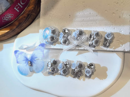 Rose Gilded Romance Handmade Press On Nails | Free Butterfly Open Ring Gift Set!