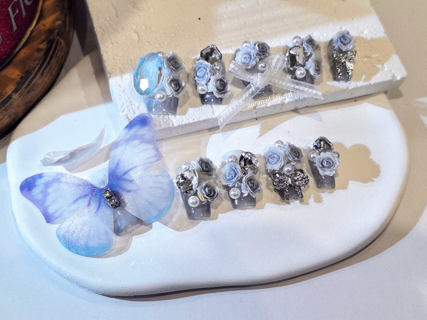 Rose Gilded Romance Handmade Press On Nails | Free Butterfly Open Ring Gift Set!