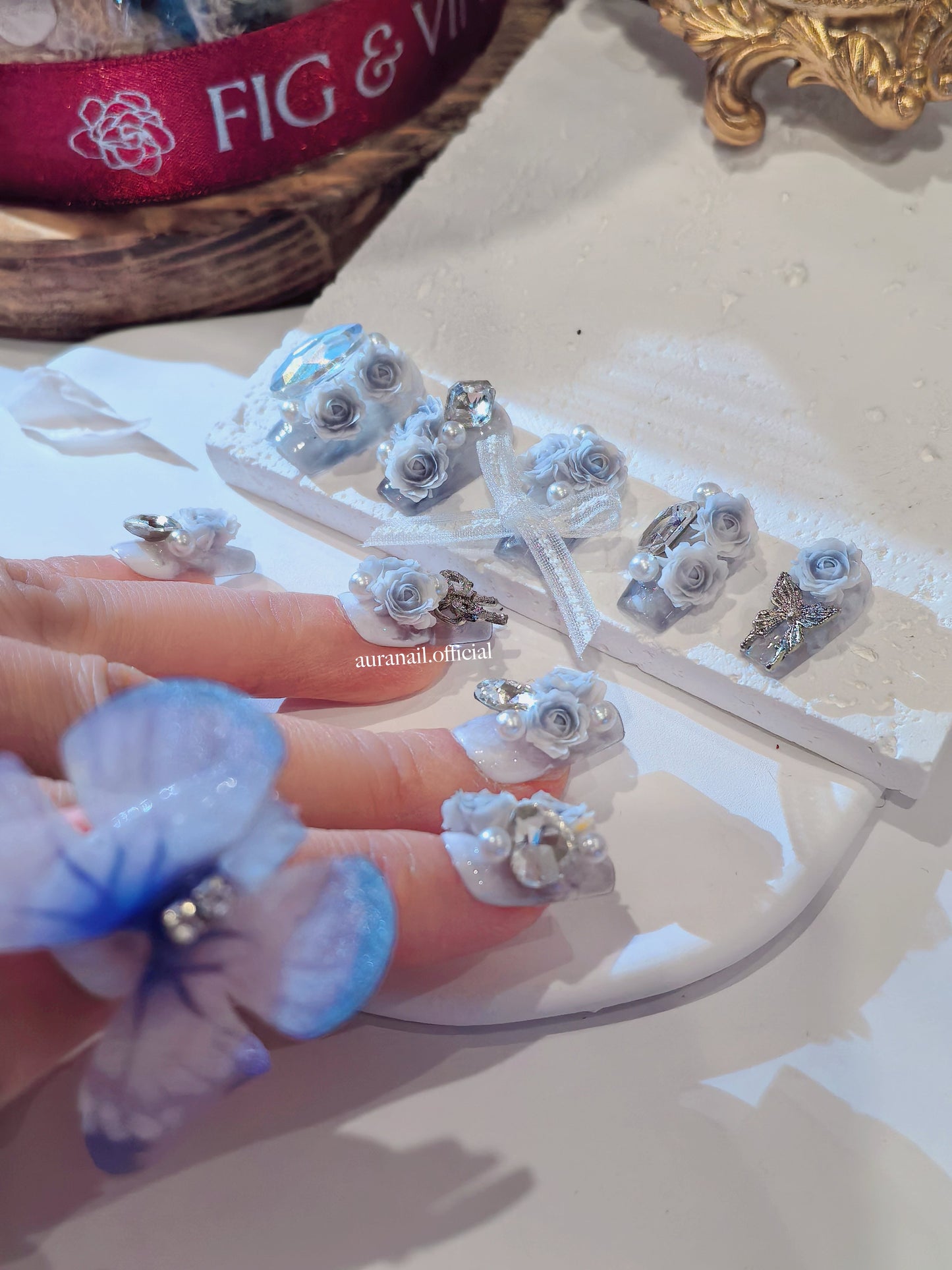 Rose Gilded Romance Handmade Press On Nails | Free Butterfly Open Ring Gift Set!