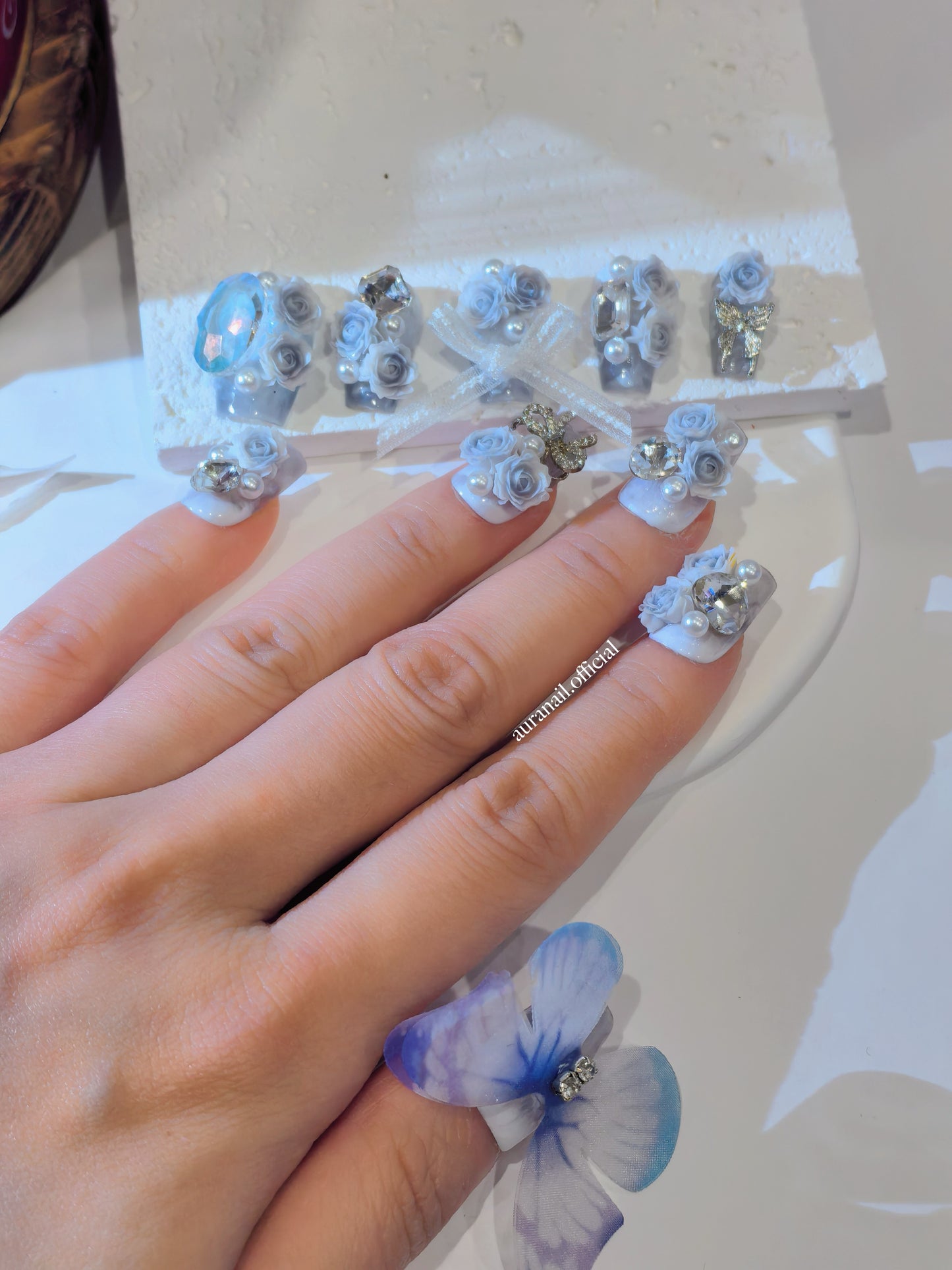 Rose Gilded Romance Handmade Press On Nails | Free Butterfly Open Ring Gift Set!